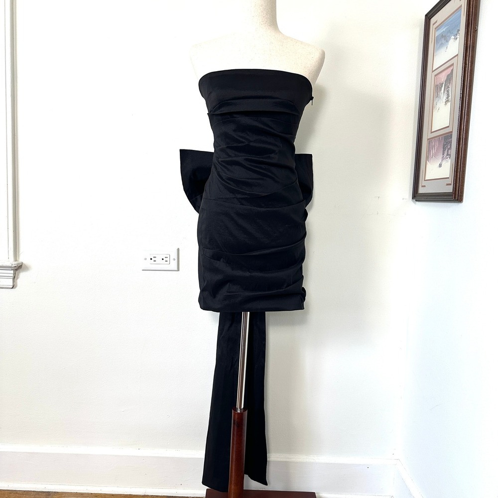 Black Strapless Cocktail Mini Dress M Bodycon Detachable Bow Train Coquette Prom - Picture 2 of 10